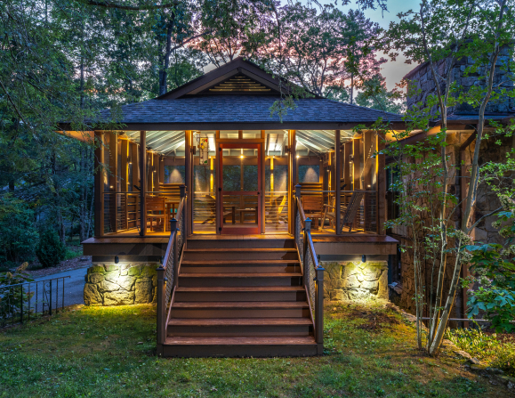 Enclosed porch at dusk